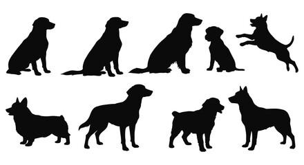 A collection of diverse dog silhouettes in a simple black and white style