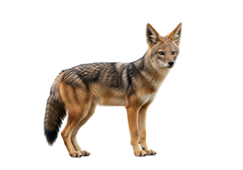 A side view of a watchful black-backed jackal, showcasing its striking coat pattern and alert posture against a plain black background.