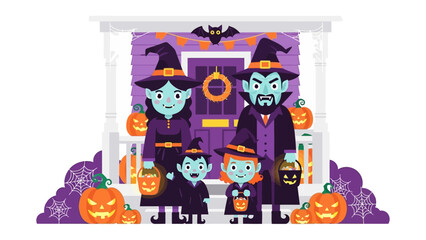 Halloween Family Portrait: A charming Halloween family portrait, set against a decorated porch with festive pumpkins, bats, and a warm, inviting glow, symbolizing seasonal cheer and community spirit.