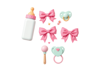 Cute Baby Accessories with Bottle, Pacifiers, and Bows in Pink Theme