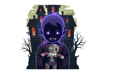 Spooky Halloween Scene: A cute little vampire with glowing eyes holds a doll in front of a haunted house. Embracing the spooky spirit with a blend of cute and eerie elements