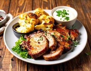 Roasted pork tenderloin with roasted cauliflower and a creamy sauce