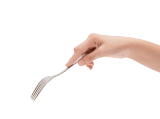 Hand holding a shiny silver fork, ready to eat, isolated