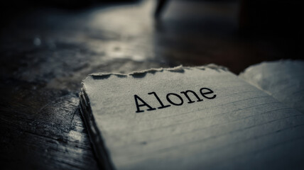A vintage paper with the word Alone printed on it, conveying a sense of solitude and introspection