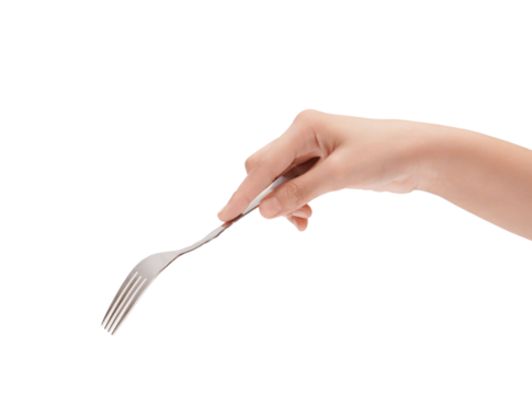 Hand holding a shiny silver fork, ready to eat, isolated