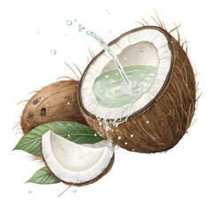 Fresh coconut water splashing into halved coconut with leaves
