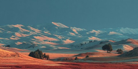 Golden Hour Hues Paint a Serene Landscape of Rolling Hills and Distant Mountains Under a Vast, Muted Sky