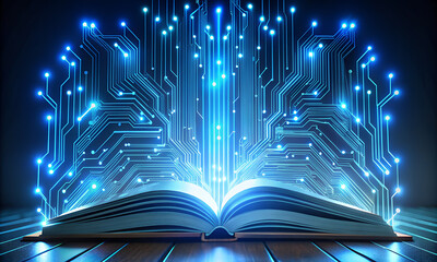 Knowledge ignites future innovation as digital circuits glow from open book