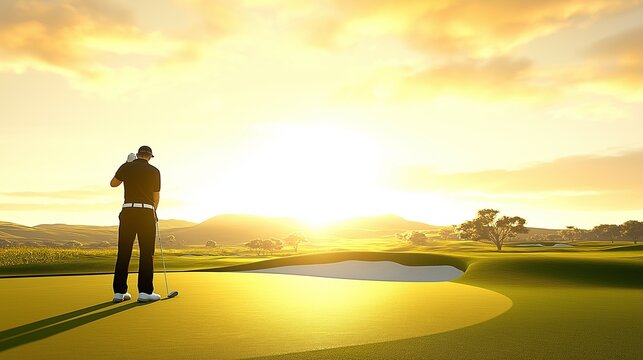 A golfer in athletic gear, adjusting the grip on a putter club, standing near a challenging sand trap - Powered by Adobe