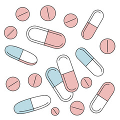 A collection of pink and blue capsules and round pills scattered on a white background