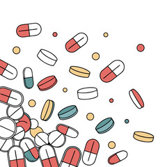 Colorful collection of various pills and capsules scattered on a white background