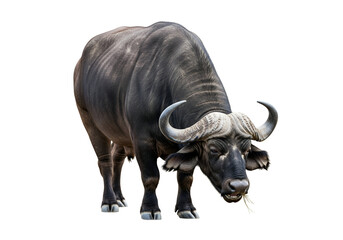Obraz premium A powerful, dark-gray African buffalo stands against a stark black background, its large horns prominent and its head slightly lowered as if grazing.