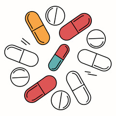 Colorful and outline medical pills and capsules scattered in a circular pattern on white background
