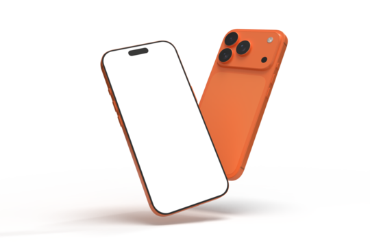Realistic Smartphone 17 with blank screen mockup in vibrant orange color, isolated. Perfect for presenting mobile apps, UI UX concepts, Ads, branding, digital product displays, website, gadget device