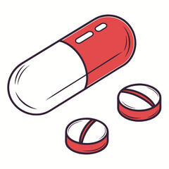 Red and white capsule and two round pills isolated on white background for medical illustration