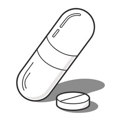 Simple line art illustration of a capsule and a round pill with a shadow on a white background