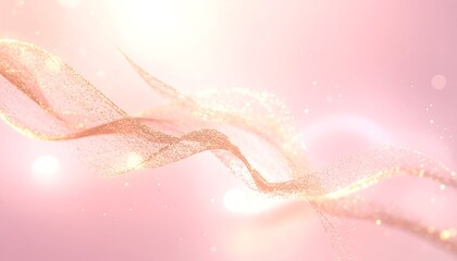 An ethereal, glowing swirl of golden particles and light, dancing against a soft pink backdrop. Bokeh adds depth