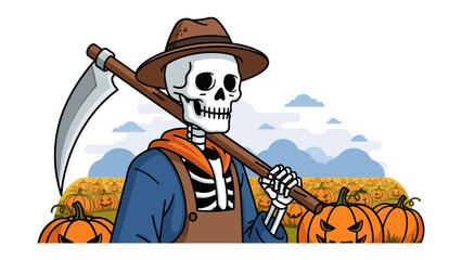 Spooky Harvester: A skeletal figure, clad in a weathered hat and overalls, stands as a macabre reaper, overlooking a field of jack-o'-lanterns on a windswept autumn day. 