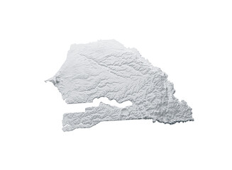 Snowy Senegal Map White and Gray Shaded Relief Textured. 3D illustration