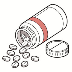 Illustration of a pill bottle tipped over with white tablets spilling out onto a white background