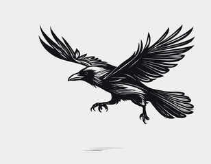 Raven flying silhouette hand drawn sketch illustration