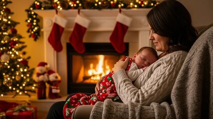 A tender moment of a mother holding her sleeping newborn baby by a cozy fireplace on Christmas Eve. A warm and festive holiday scene with a decorated tree.