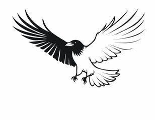 Raven flying silhouette hand drawn sketch illustration