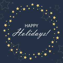 Fototapeta premium Square Happy Holidays template. Starry gold frame with greeting text. Greeting card or postcard for New Year, Christmas, or anniversary. Vector graphics