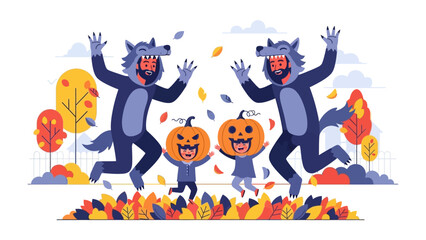 Halloween Merriment: Children, in festive costumes, embrace the playful spirit of Halloween in a vibrant, whimsical scene filled with fall colors.