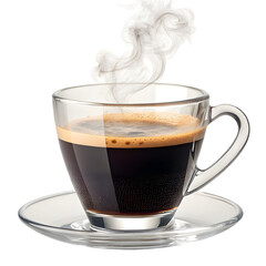 Steaming hot espresso in a clear glass cup on a saucer