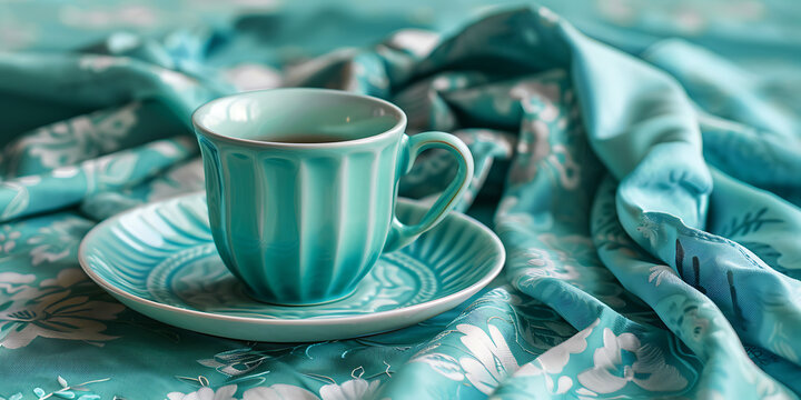 Elegant teal teacup and saucer with floral silk fabric