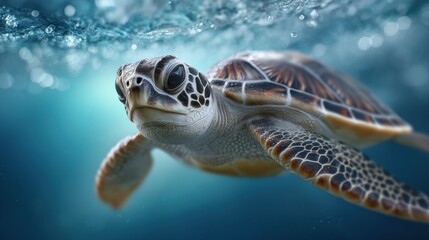 Sea turtle gracefully glides through crystal ocean waters a mesmerizing underwater view with sunlight dappling creating a tranquil peaceful scene