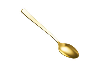 A shiny golden spoon with a reflective surface, slender handle and oval bowl. 3D Illustration.