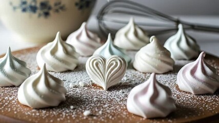 A heartshaped meringue among swirls of meringue cookies on a wooden board dusted with powdered sugar - Powered by Adobe