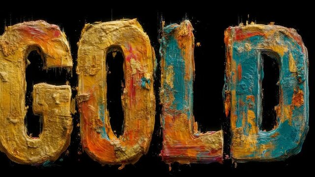 Bold word GOLD painted with heavy textured strokes in gold, blue, and orange colors on a black background, symbolizing value and creativity