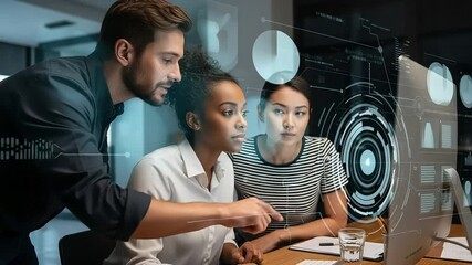 Diverse team of professionals collaborating on a digital project, pointing at a computer screen with futuristic data visualization - Powered by Adobe