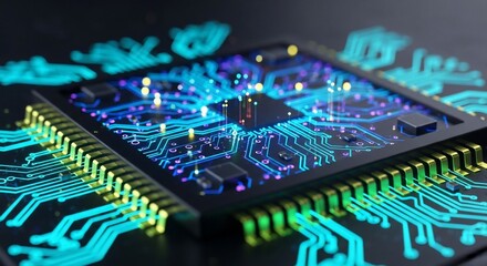 Close-up of a Glowing Circuit Board with Intricate Details