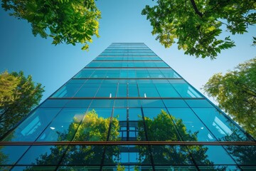 Sustainable green building. Eco-friendly building. Sustainable glass office building with tree for reducing carbon dioxide. Office with green environment. Corporate building. Corporate sustainability.