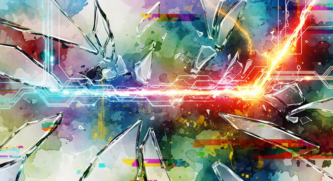 Abstract artwork depicting shattered glass with vibrant colors and energetic light beams colliding.