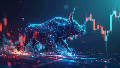 Digital bull, composed of glowing lines, faces stock charts. Dynamic artwork suggests growth and market performance