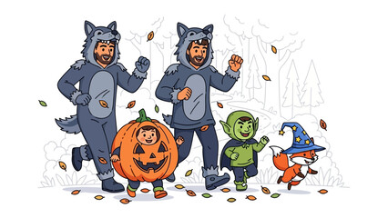 Halloween Characters Parade: A whimsical parade of costumed figures, including a wolf, pumpkin, goblin, and fox, celebrates Halloween in a vibrant illustration, capturing the festive spirit.