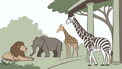 Safari Animals in a Park Setting Lion Elephant Giraffe Zebra Illustration.