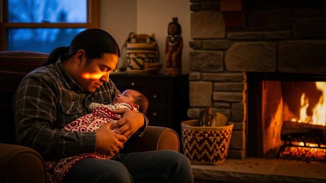 Tender moment between an Indigenous father and his newborn baby sitting in an armchair by a crackling fireplace at home.