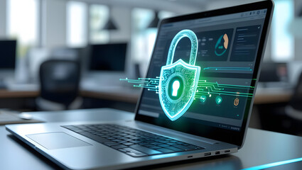 Laptop Screen Displaying Digital Security Padlock and Data