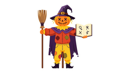 Halloween Scarecrow with Book: A whimsical scarecrow, with a pumpkin head and witch hat, clutches a magic book while holding a broom, celebrating Halloween.