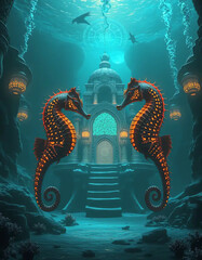 Fototapeta premium Mystical Seahorses Guarding an Ancient Underwater Temple