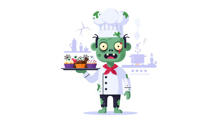 Zombie Chef with Cupcakes: A cartoonish zombie chef presents a tray of cupcakes in a clean kitchen setting.