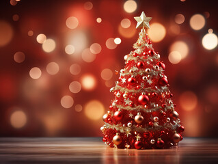 Luxurious Christmas background with tree and sparkle bokeh lights on red background