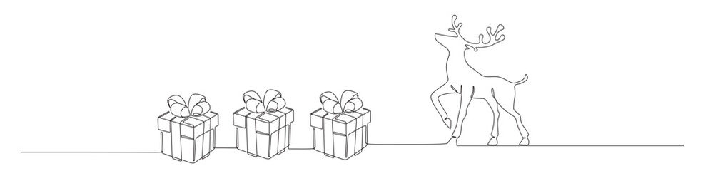 Continuous line art of a deer and three festive gifts to celebrate a wonderful Christmas.