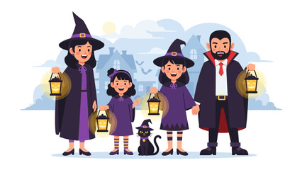 Happy Halloween: A family dressed in Halloween costumes, filled with laughter, walking down a decorated street, carrying lanterns during dusk.